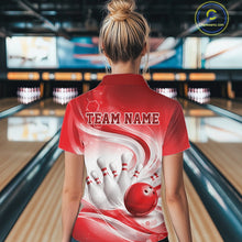 Load image into Gallery viewer, Female model standing in a bowling lane showing the back of a white and red bowling quarter-zip shirt with abstract wave lines and a glossy bowling ball striking pins graphic.