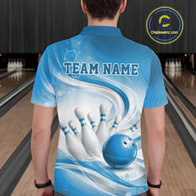 Load image into Gallery viewer, Back view of a male model wearing a white and blue bowling polo shirt featuring flowing wave graphics and a glossy bowling strike design in a bowling alley
