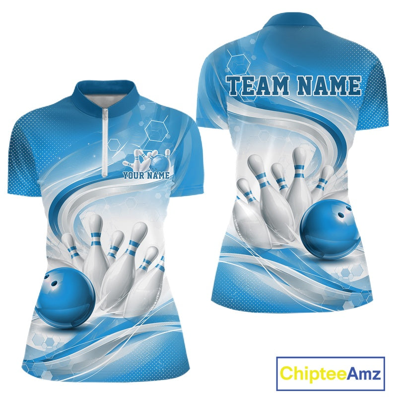 Front and back mockup of a womens white and blue bowling quarter-zip pullover featuring abstract wave lines and a glossy bowling ball striking pins.