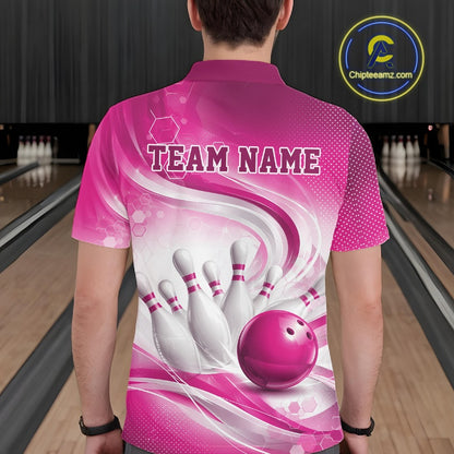 Back view of a male model wearing a white and pink bowling polo shirt in a bowling alley featuring flowing abstract wave patterns and a glossy bowling ball striking a set of pins
