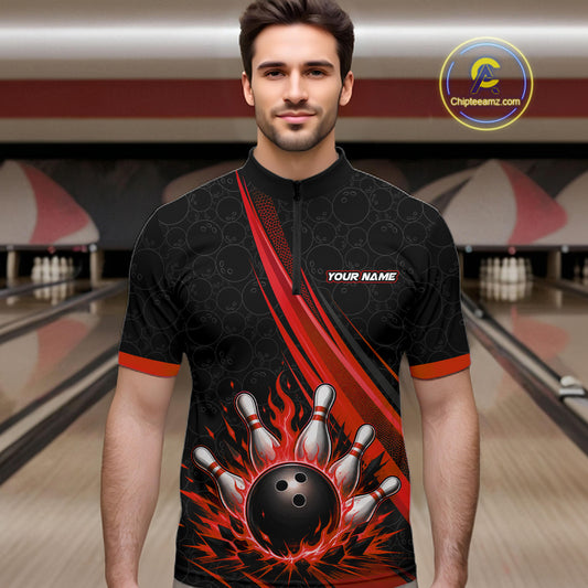 Custom Black And Red Fire Flame Bowling Team Men Quarter Zip Shirt, Team Jerseys IPHW11682