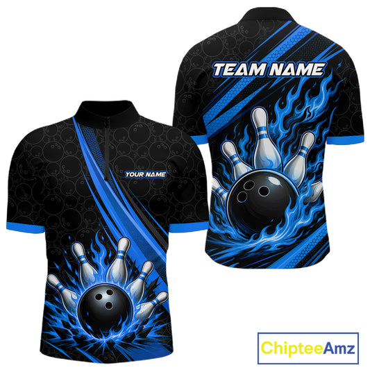 Custom Black And Blue Fire Flame Bowling Team Men Quarter Zip Shirt, Team Jerseys IPHW11683