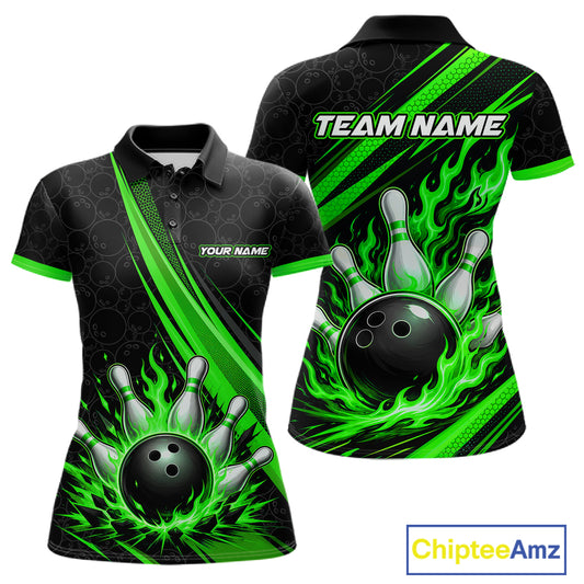 Custom Black And Green Fire Flame Bowling Team Women Polo Shirt, Team Jerseys IPHW11684