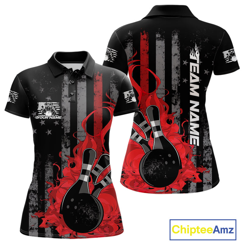 Custom Grunge Vintage Red Thin Line US Flag Patriotic Women Polo Bowling Team Shirts IPHW10169