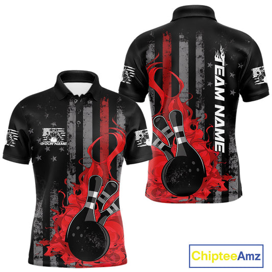 Custom Grunge Vintage Red Thin Line US Flag Patriotic Men Polo Bowling Team Shirts IPHW10169