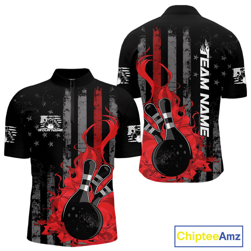 Custom Grunge Vintage Red Thin Line US Flag Patriotic Men Quarter-Zip Bowling Team Shirts IPHW10169