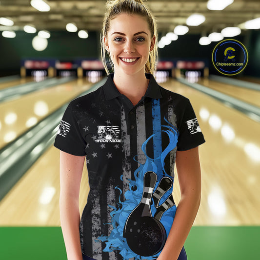 Custom Grunge Vintage Blue Thin Line US Flag Patriotic Women Polo Bowling Team Shirts IPHW10170