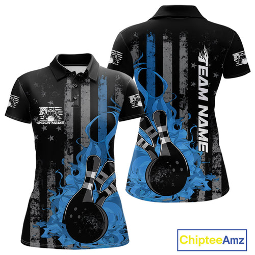 Custom Grunge Vintage Blue Thin Line US Flag Patriotic Women Polo Bowling Team Shirts IPHW10170