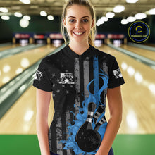 Load image into Gallery viewer, Custom Grunge Vintage Blue Thin Line US Flag Patriotic Women Bowling Team Shirts IPHW10170