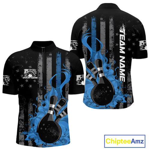 Custom Grunge Vintage Blue Thin Line US Flag Patriotic Men Quarter-Zip Bowling Team Shirts IPHW10170