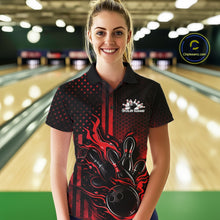 Load image into Gallery viewer, Female model wearing a black and red bowling polo shirt at a bowling lane with fiery bowling-themed graphics and patriotic styling.