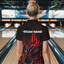 Load image into Gallery viewer, Back view of a female model in a bowling alley wearing a black and red polo featuring bowling pins and flaming bowling ball artwork.