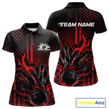 Load image into Gallery viewer, Front and back view of a black and red womens bowling polo shirt showcasing a flaming bowling ball striking pins with patriotic American flag bowling style artwork.