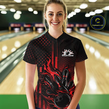 Load image into Gallery viewer, Custom Red Patrotic Flame Bowling Women Quarter-Zip Shirt, US Flag Bowling Jersey IPHW11155