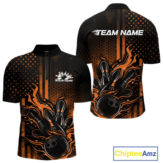 Front and back display of a black and orange mens bowling quarter-zip shirt featuring a flaming bowling ball striking pins with patriotic bowling-inspired artwork.