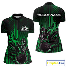 Load image into Gallery viewer, Custom Green Patrotic Flame Bowling Women Quarter-Zip Shirt, US Flag Bowling Jersey IPHW11157