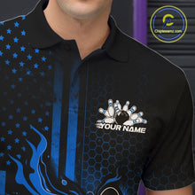 Load image into Gallery viewer, Custom Blue Patrotic Flame Bowling Men Polo Shirt, US Flag Bowling Jersey IPHW11158