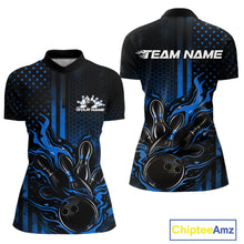 Load image into Gallery viewer, Custom Blue Patrotic Flame Bowling Women Quarter-Zip Shirt, US Flag Bowling Jersey IPHW11158