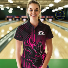 Load image into Gallery viewer, Female model wearing a black and pink bowling polo shirt at a bowling lane with fiery bowling strike artwork and patriotic accents.