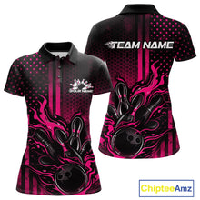 Load image into Gallery viewer, Front and back mockup of a black and pink womens bowling polo shirt featuring a flaming bowling ball striking pins with patriotic American flag bowling style graphics.