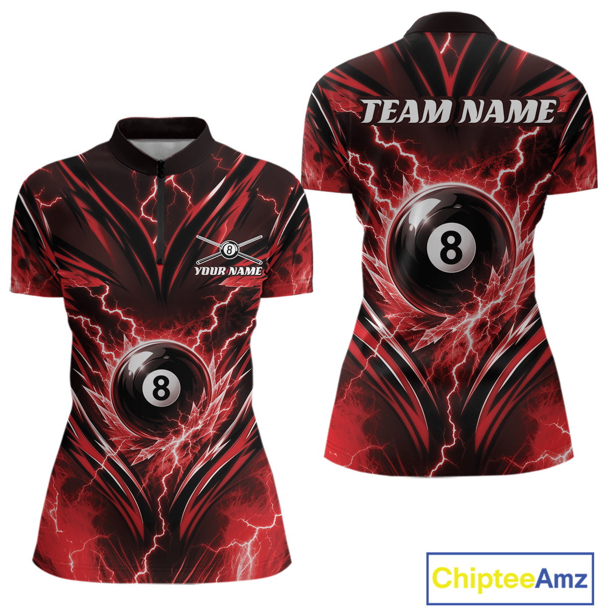 Custom Red Icy Thunder Lightning 8 Ball Billiards Women Quarter-Zip Shirt, Pool Shirt IPHW11761