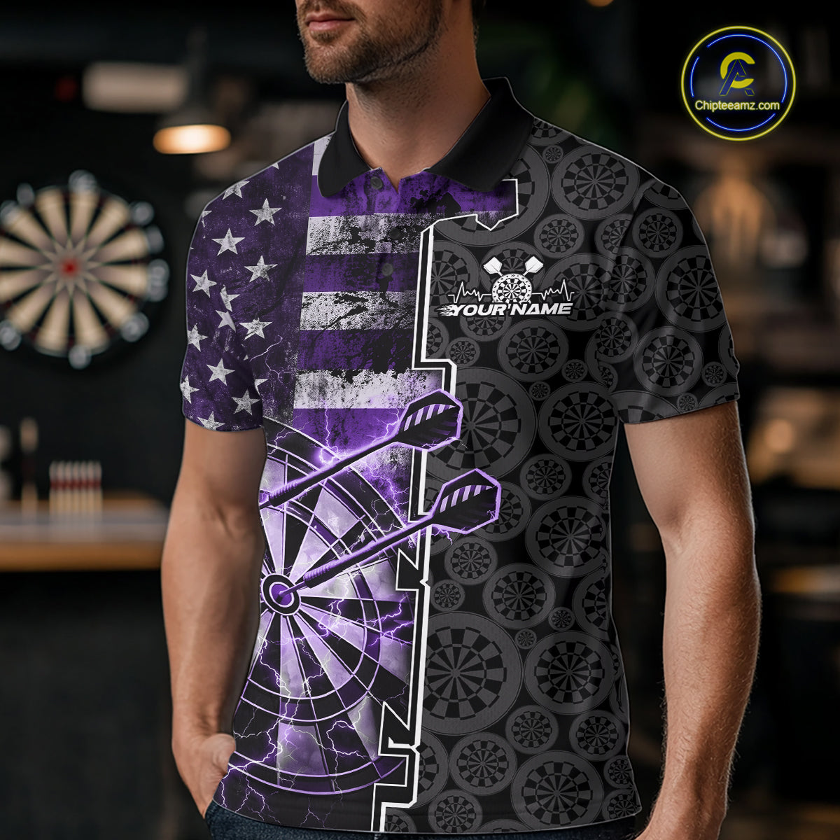 Custom Purple Lightning US Flag Dartboard Patriotic Dart Team Men Polo Shirt Dart Jerseys IPHW10390