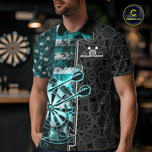 Load image into Gallery viewer, Custom Turquoise Blue Lightning US Flag Dartboard Patriotic Dart Team Men Polo Shirt IPHW10391