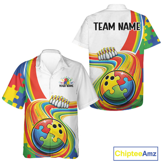 Button-up bowling shirt mockup featuring colorful autism-themed bowling lane artwork with vibrant puzzle-inspired graphics in a clean front and back layout