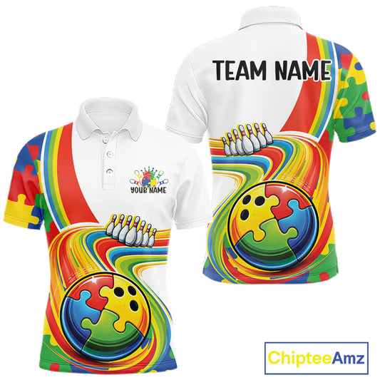 Men’s bowling polo shirt mockup front and back featuring colorful autism bowling lane design with puzzle-inspired artwork