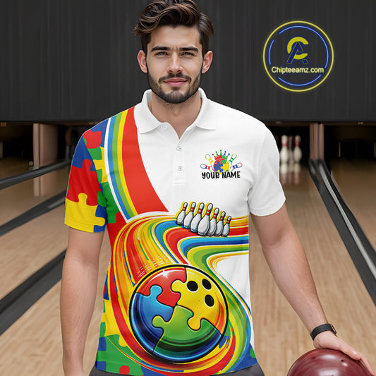Male model in a bowling lane wearing a white polo shirt, front view showcasing autism-themed bowling lane illustration with colorful puzzle details