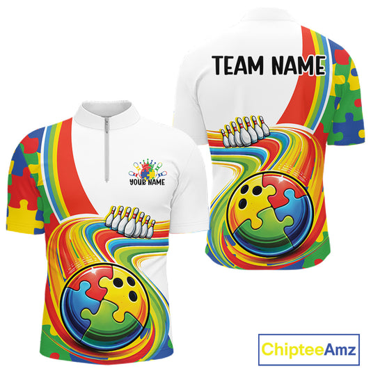 Front And Back View Of Mens Bowling Quarter-Zip Mockup Highlighting Colorful Autism Bowling Lane Artwork With Integrated Puzzle Pattern Visuals