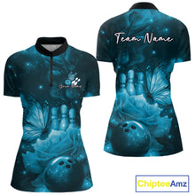 Load image into Gallery viewer, Custom Blue Butterfly And Roses Bowling Women Quarter-Zip Shirts, Ladies Bowling Team IPHW10880