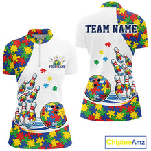 Load image into Gallery viewer, Front and back view of a women’s quarter-zip bowling shirt mockup in white, featuring colorful autism-themed bowling strike design with puzzle-inspired graphics.