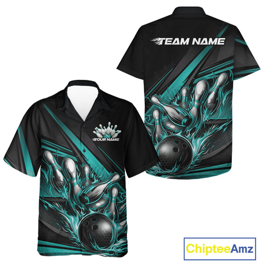 Button-up bowling shirt mockup presenting black shirt with turquoise flame bowling ball knocking down pins and abstract geometric stripe design