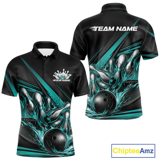 Men’s bowling polo shirt mockup front and back featuring turquoise flame bowling ball striking pins with abstract geometric stripes on black shirt