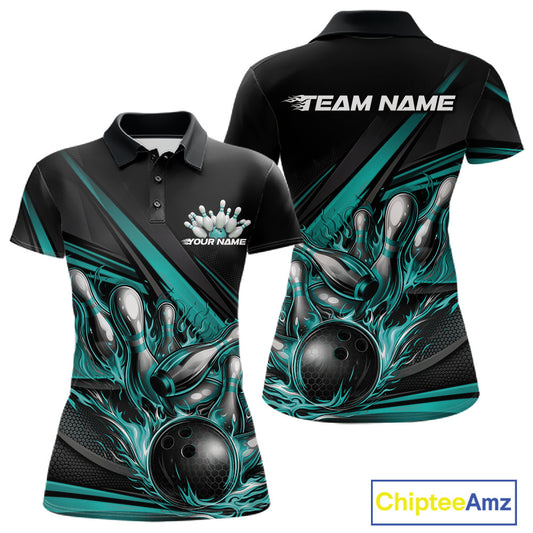 Women’s polo shirt mockup front and back showcasing turquoise flame bowling ball striking pins with abstract geometric stripe accents on black