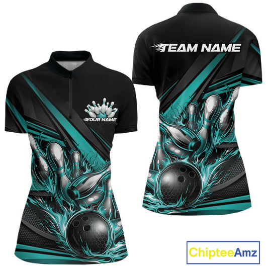 Front and back view of a women’s quarter-zip bowling shirt mockup in black, featuring turquoise flame bowling ball striking pins with abstract geometric stripe accents.