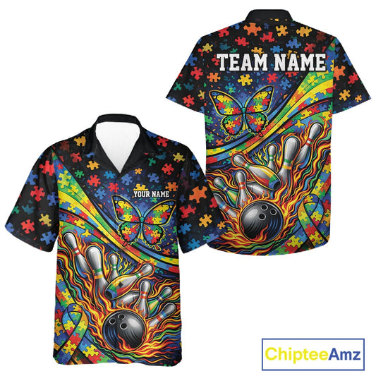 Button-up bowling shirt mockup featuring colorful autism ribbon, butterfly accents, and flame bowling-themed graphics in vibrant composition