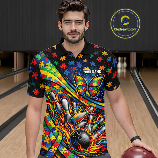 Male model in a bowling lane wearing a colorful polo shirt, front view featuring autism ribbon, butterfly, and flame bowling strike design
