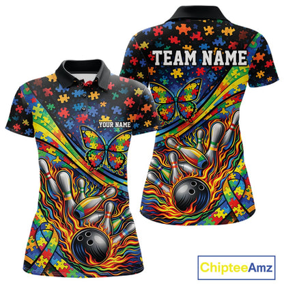 Women’s polo shirt mockup front and back displaying autism awareness ribbon, butterfly, and flame bowling graphics in vibrant multicolor tones