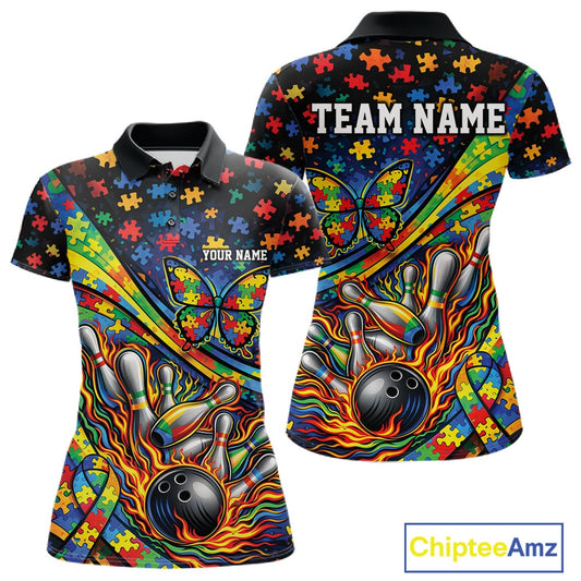 Women’s polo shirt mockup front and back displaying autism awareness ribbon, butterfly, and flame bowling graphics in vibrant multicolor tones