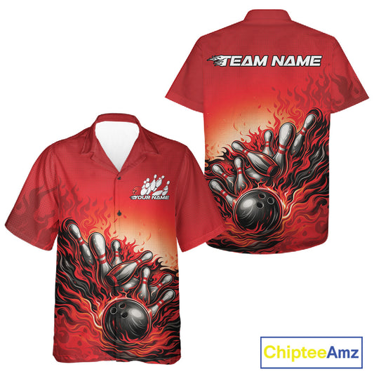 Button-up bowling shirt mockup showing a red shirt with flame bowling ball striking pins dynamic action artwork in front and back view