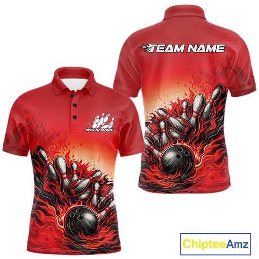Men’s bowling polo shirt mockup front and back featuring flame bowling ball striking pins design on a red shirt