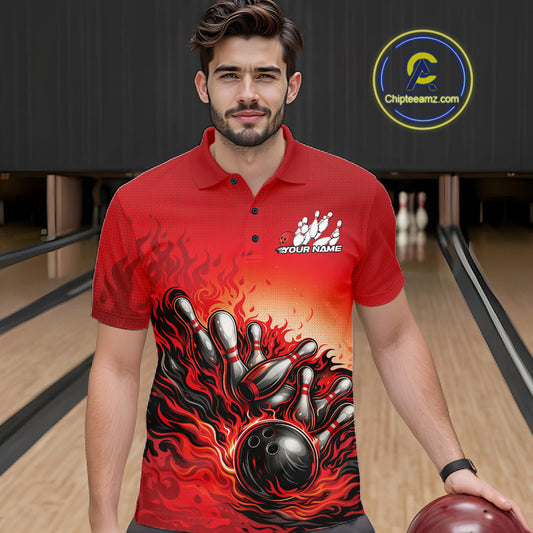 Male model in a bowling lane wearing a red polo shirt, front view showing flame bowling ball hitting pins dynamic bowling artwork