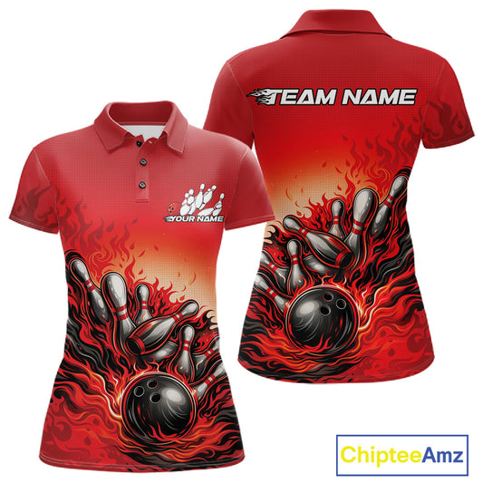 Women’s polo shirt mockup front and back views showcasing a red flame bowling ball striking pins graphic in a clean studio layout