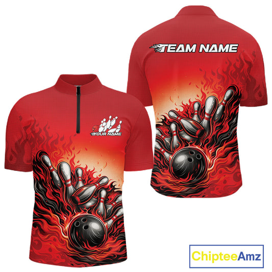 Front and back view of a men’s quarter-zip bowling shirt mockup in red, featuring flame bowling ball striking pins dynamic sports illustration.