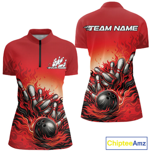 Front and back view of a women’s quarter-zip bowling shirt mockup in red, featuring flame bowling ball and pins bold sports design.