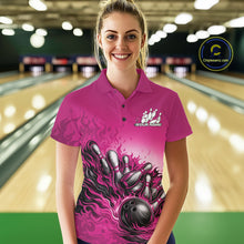 Load image into Gallery viewer, Custom Pink Flame Bowling Tournament Women Polo Team Shirt, Fire Bowling League Shirt IPHW11218