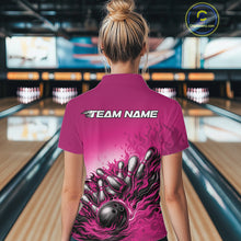 Load image into Gallery viewer, Custom Pink Flame Bowling Tournament Women Polo Team Shirt, Fire Bowling League Shirt IPHW11218