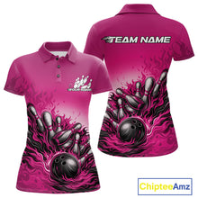 Load image into Gallery viewer, Custom Pink Flame Bowling Tournament Women Polo Team Shirt, Fire Bowling League Shirt IPHW11218